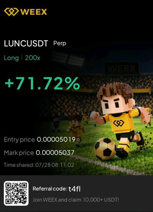 A trading app screenshot showing a 71.72% return on a 'LUNCUSDT' perpetual long position (200x leverage) on the WEEX exchange, with entry and mark prices around 0.00005019.