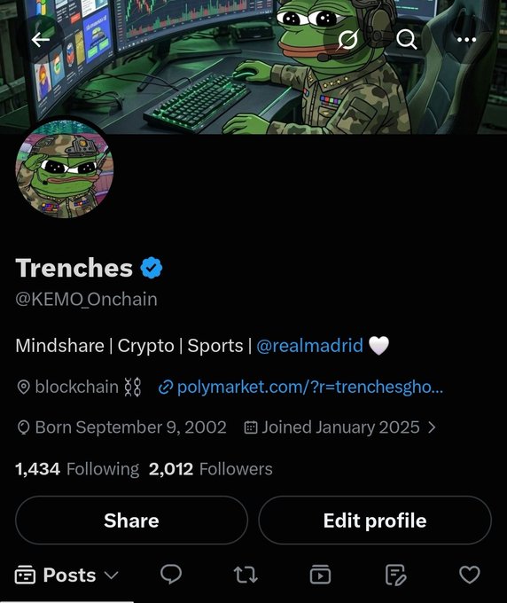 A Twitter/X profile page for 'Trenches' (@KEMO_Onchain), featuring a Pepe the Frog avatar in military gear, with bio 'Mindshare | Crypto | Sports | @realmadrid' and 1,434 following / 2,012 followers.