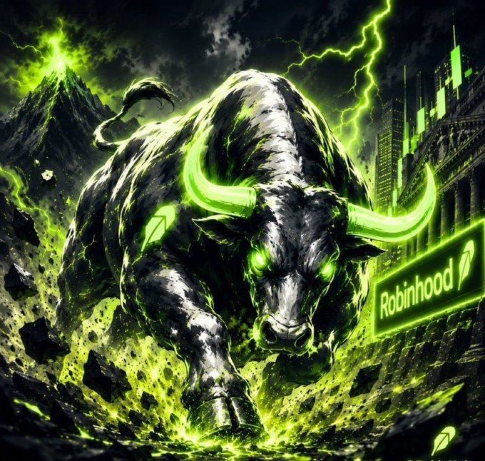 A dramatic, neon-green-tinted artwork of a powerful, metallic bull with a Robinhood logo glowing in the background, set against a stormy sky with lightning and a city skyline.