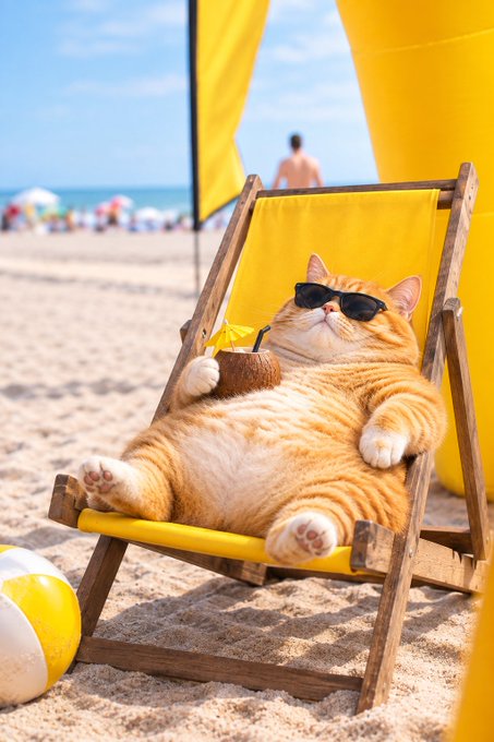 AI-generated image of an orange tabby cat wearing black sunglasses, reclining on a yellow beach chair while holding a coconut drink with a straw, set on a sandy beach.