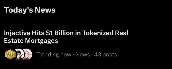 A 'Today's News' section with the headline 'Injective Hits $1 Billion in Tokenized Real Estate Mortgages' marked as 'Trending now' with 43 posts.