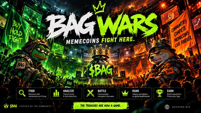 A promotional graphic for 'Bag Wars' with the tagline 'Memecoins fight here,' featuring militarized frog and cat meme characters with text reading 'Buy Hold Fight' and 'Communities Complete Memecoins Live Forever' along with sections labeled Find, Analyze, Battle, Rank, and Earn, and the URL bagwars.xyz.