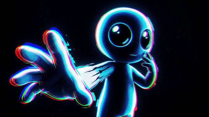 A vibrant digital illustration of a cartoon alien character with large black eyes, extending its hands forward. The artwork features neon cyan and pink chromatic aberration effects against a black starry background.