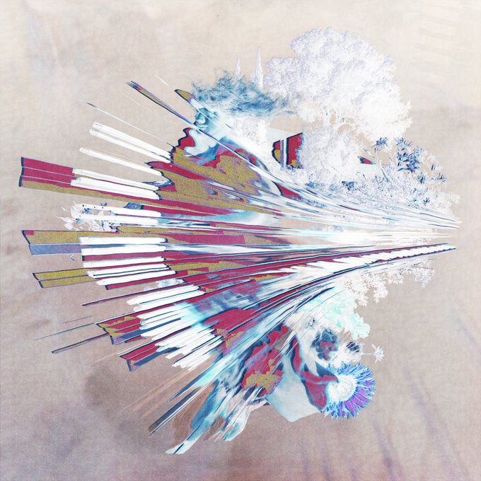 An abstract, dynamic artwork featuring a fragmenting form with streaks of color and white elements that resemble snowy trees or feathers bursting outwards against a pinkish background.