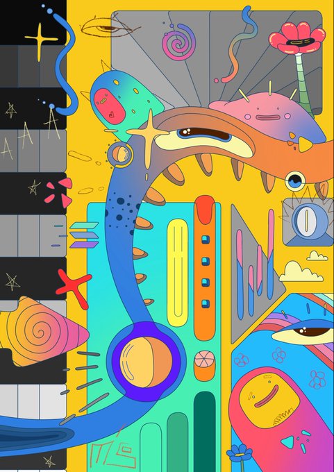 A colorful abstract illustration featuring various stylized shapes, creatures, and geometric forms in vibrant blues, yellows, pinks, and greens, with the number '75' visible at the bottom.