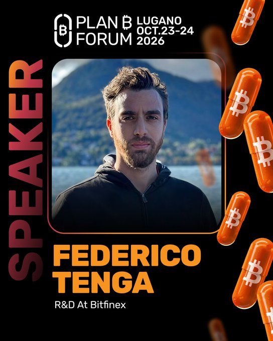 The image features a poster with an orange pill against a black background, surrounded by numerous orange Bitcoins scattered around the poster. The text on the poster reads "Speaker Federico Tenga at Plan B Forum Oct 23-24". This suggests that the poster is promoting a speaker event related to Bitcoin and blockchain technology.