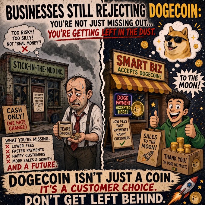 A split-style meme poster contrasting businesses that reject Dogecoin with those that accept it, featuring headlines like 'BUSINESSES STILL REJECTING DOGECOIN' and 'SMART BIZ ACCEPTS DOGECOIN,' along with slogans such as 'DOGECOIN ISN'T JUST A COIN, IT'S A CUSTOMER CHOICE.'