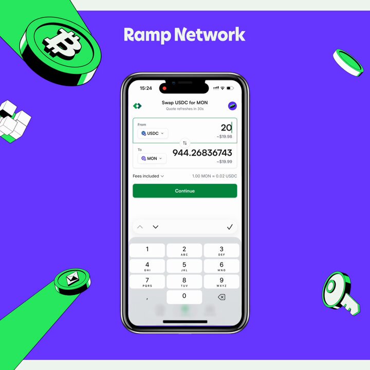 The image shows a smartphone screen displaying an app called Ramp Network. The app allows users to buy, sell, and swap Bitcoin using fiat currency. It also provides information about the USDC exchange rate for Monad. The app has a green background with white text, making it easy to read on various devices. There are several Bitcoins in the image, indicating that the app is designed for Bitcoin trading.