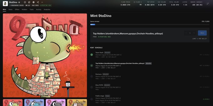 NFT project page for '9toDino' showing a green cartoon dinosaur breathing fire, with holder stats (252/2000) and a floor price of 0.0021 ETH.