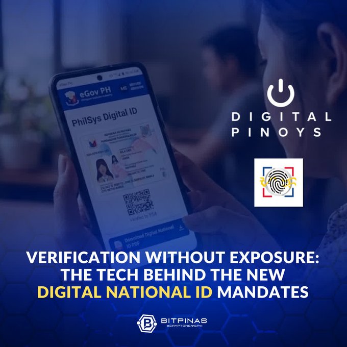 A news graphic from BitPinas titled 'VERIFICATION WITHOUT EXPOSURE: THE TECH BEHIND THE NEW DIGITAL NATIONAL ID MANDATES' featuring the 'DIGITAL PINOYS' logo and an image of a person using the 'eGov PH' PhilSys Digital ID app on a smartphone.
