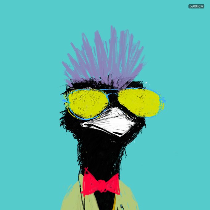 An illustration of an ostrich wearing yellow sunglasses and a red bow tie against a bright cyan background, with the text 'OSTRICH' in the top right corner.