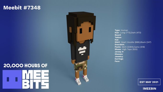 A promotional image for 'Meebit #7348' features a 3D voxel-style character with long dark hair, a heart hoodie, skirt, and high-top sneakers, labeled '20,000 HOURS OF MEEBITS' and 'EST MAY 2021' by MEEBITS.