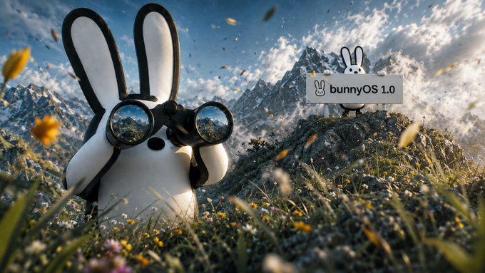 The image features a cartoon bunny wearing glasses, holding binoculars over its eyes as if looking through them. Below the bunny's head, there is a sign that reads "BunnyOS 3.0" with an exclamation mark above it. The background of the image shows a mountain range and some flowers.