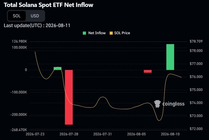 The image is a Coinglass chart titled "Total Solana Spot ETF Net Inflow" (last updated 2026-08-11) showing that SOL spot ETFs recorded their strongest daily inflow of approximately 115,000 SOL (visible as the tall green bar near $78.709 on August 10) as the price recovered toward $76, reversing a period of weak and inconsistent flows—including a sharp outflow around July 28 when SOL dipped below $73.