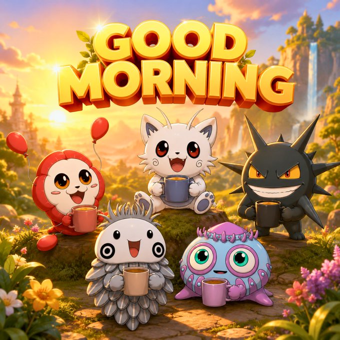 A colorful cartoon 'Good Morning' illustration featuring cute, chibi-style monster/creature characters (resembling Pokémon) holding coffee cups in a sunny landscape with flowers and waterfalls.