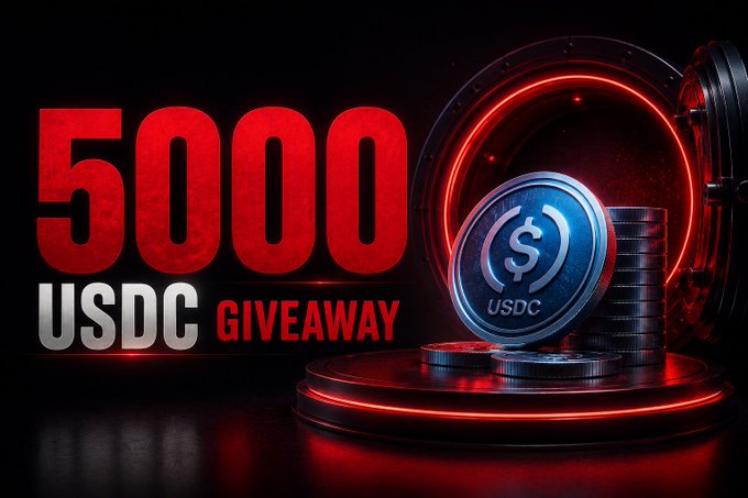 A promotional graphic for a '5000 USDC GIVEAWAY' featuring stacks of USDC silver dollar coins in front of a circular red neon-lit vault on a dark background.