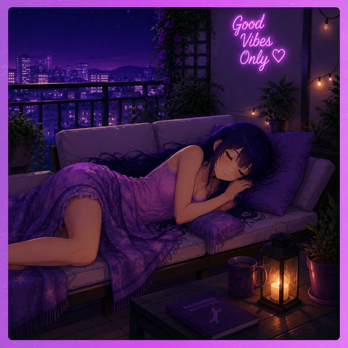 An anime-style illustration of a girl with long dark hair sleeping on a couch under a purple blanket, with a neon 'Good Vibes Only' sign, a lantern, and a city skyline at night.