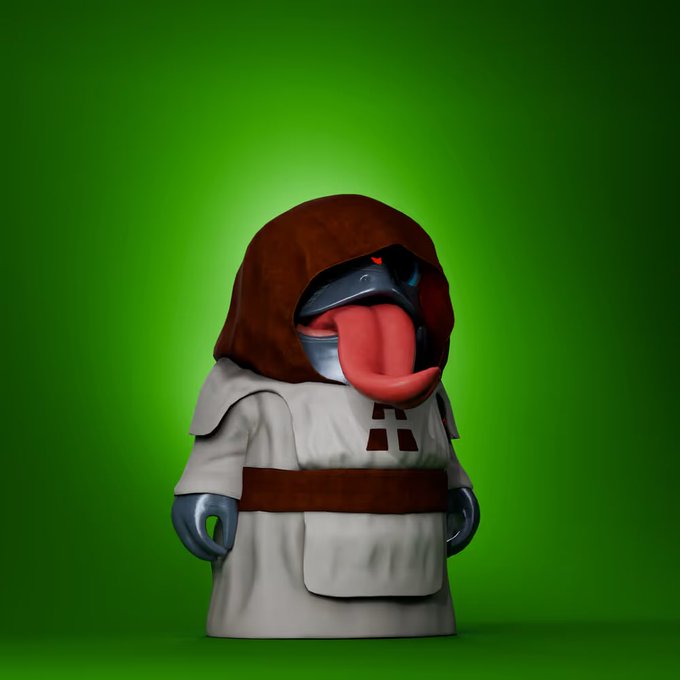 A LEGO-style minifigure of a hooded monk with its mouth wide open in surprise, dressed in beige robes with a brown belt and cross emblem, stands against a green background. The image playfully illustrates the post's exclamation about winning a "Gimboz" collectible figurine from the ApeChurch raffle, with the monk's shocked expression humorously capturing the "Holy Sh…" reaction.