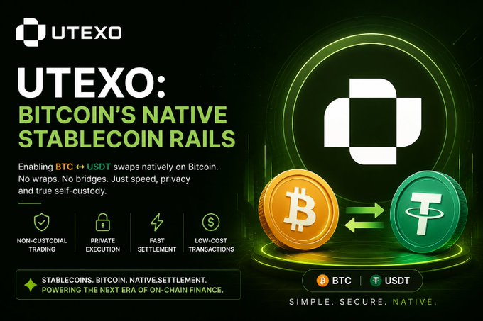 A dark-themed advertisement for UTEXO titled 'BITCOIN'S NATIVE STABLECOIN RAILS' promotes native BTC to USDT swaps without bridges, highlighting features like non-custodial trading and private execution.