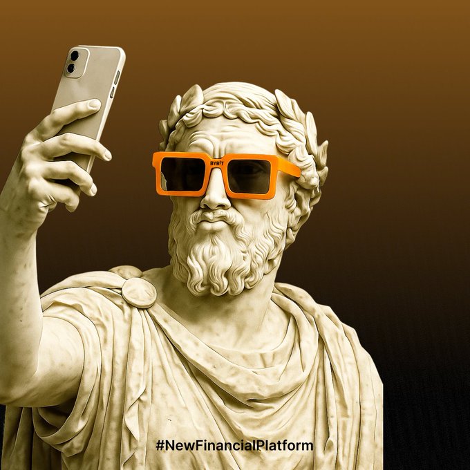 A classical marble statue of a bearded man wearing modern orange sunglasses and holding up a smartphone for a selfie, with the hashtag '#NewFinancialPlatform' at the bottom.