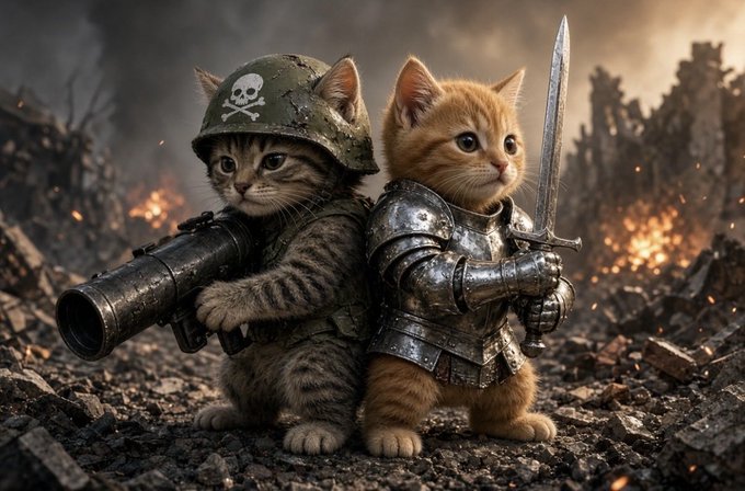 A whimsical, AI-generated fantasy image of two kittens in military gear standing on a battlefield; one wears a skull-crested helmet and holds a rocket launcher, while the other wears armor and wields a sword.