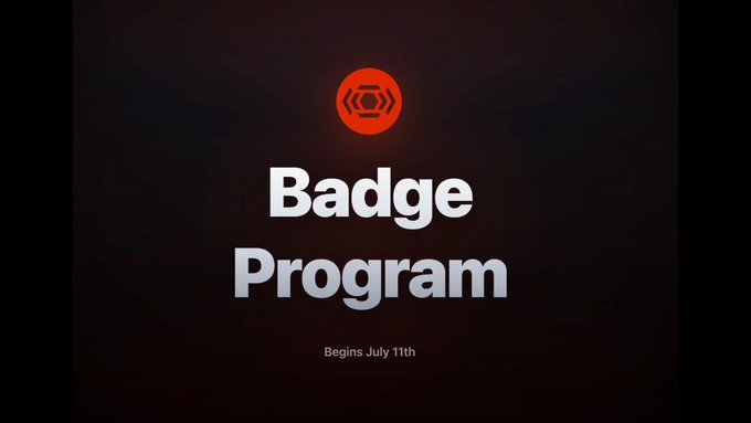 A promotional graphic announcing Linera's Badge Program, featuring a red circular logo with a hexagonal design and bold white text reading "Badge Program" with "Begins July 11th" displayed below, tying into the launch of a free point-earning program tied to the $LINERA mainnet launch.