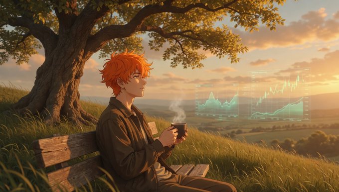 Anime-style illustration of a young man with orange hair sitting on a bench under a large tree at sunset, holding a steaming cup while viewing floating holographic stock charts.