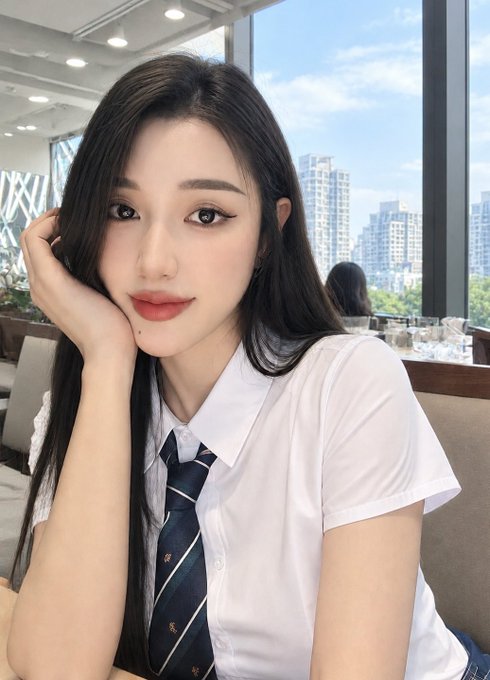 A young woman with long dark hair poses in a white short-sleeved shirt and striped tie, resting her chin on her hand in what looks like a restaurant with city views.