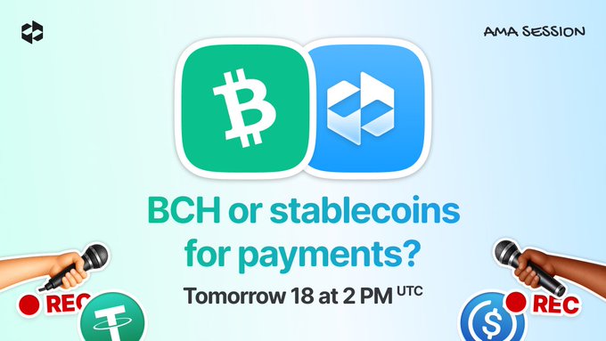 Promotional graphic for an AMA session titled "BCH or stablecoins for payments?" scheduled for "Tomorrow 18 at 2 PM UTC," featuring Bitcoin Cash and Fantom logos alongside microphones and USDT/USDC stablecoin icons. The image visually complements the post's discussion about whether Bitcoin Cash or stablecoins are more suitable for everyday crypto payments.