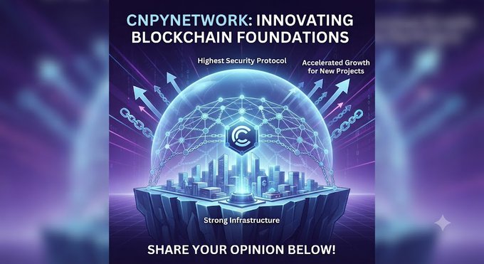 A promotional graphic for 'CNPYNETWORK: INNOVATING BLOCKCHAIN FOUNDATIONS' featuring a futuristic city inside a dome with text highlighting security, growth, and infrastructure.