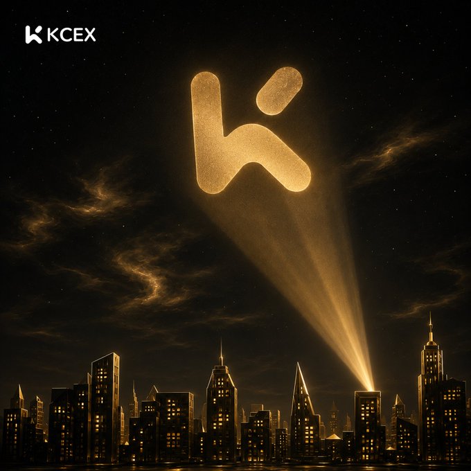 A promotional graphic for KCEX exchange featuring a glowing golden 'K' logo shining over a nighttime city skyline.