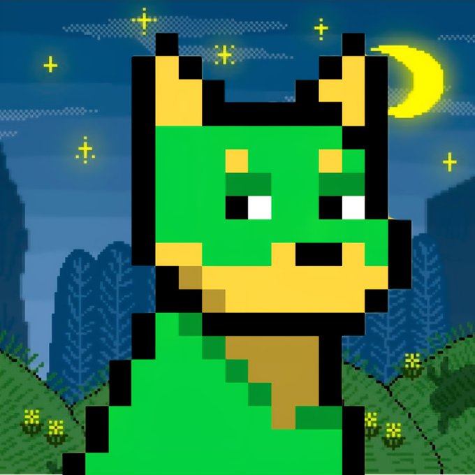A pixel art illustration of a green and yellow fox-like creature against a night sky with stars and a crescent moon.