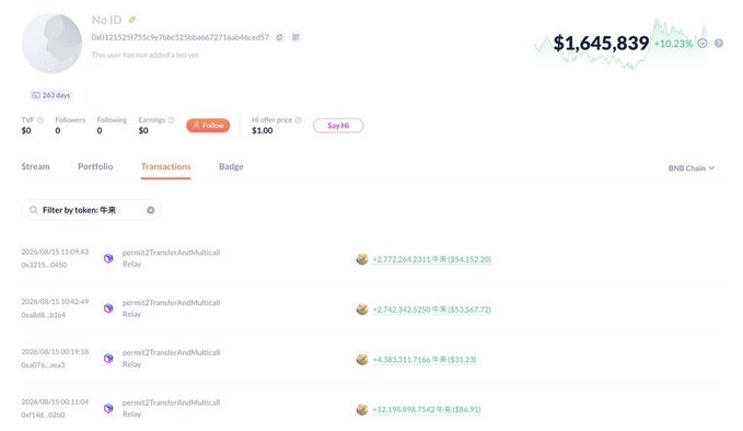 The image shows a BNB Chain transaction history for wallet address "0x121525755c9e7bbc525ba672716ab46ccd57" with $1,645,839 in earnings (+10.23%), displaying multiple "permit2TransferAndMulticall" transactions involving the ASTEROID token, including notable purchases of 4.38 billion ASTEROID for $31.23 and 12.19 billion ASTEROID for $86.91, illustrating the trader's massive accumulation that led to the reported 140x profit and approximately $423,000 gain on a $3,000 investment.