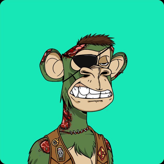 A cartoon illustration of a zombie-like monkey character with green skin, a pirate eye patch, exposed brains, and bared teeth against a bright green background.