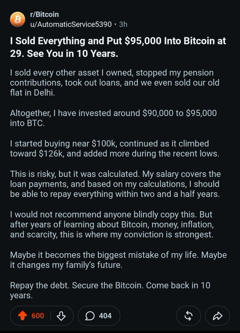 A Reddit post from r/Bitcoin by user AutomaticService5390 titled 'I Sold Everything and Put $95,000 Into Bitcoin at 29. See You in 10 Years,' detailing the author's investment strategy and risks taken.