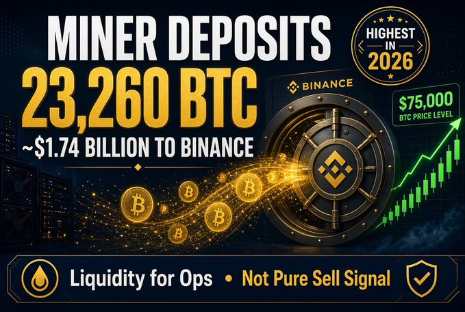 A promotional graphic titled 'MINER DEPOSITS' showing '23,260 BTC ~$1.74 BILLION TO BINANCE' with a 'HIGHEST IN 2026' badge, a $75,000 BTC price level indicator, and text noting 'Liquidity for Ops • Not Pure Sell Signal'.