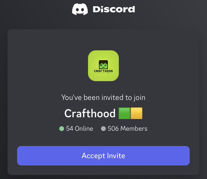 A Discord server invitation screen for 'Crafthood' showing 54 online users and 506 members, with an 'Accept Invite' button.