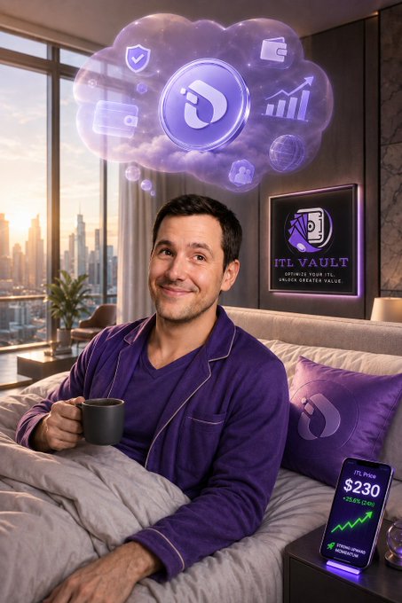 A man lounges in bed with a coffee mug, gazing up at a glowing cloud filled with digital icons—wallets, security, growth charts—while a neon "ITL VAULT — OPTIMIZE YOUR ITL UNLOCK GREATER VALUE" sign and a phone displaying "ITL Price $230" (+24.4%) on the nightstand visually reinforce the post's message of an integrated ecosystem (LinkersMap, ReachMeITL) providing financial services and liquidity at your fingertips.