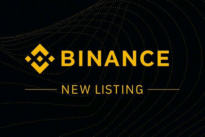 A Binance 'New Listing' announcement graphic with the yellow Binance logo on a black background with curved dotted lines.