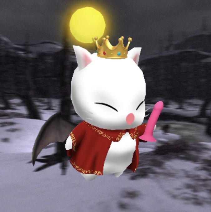 A 3D-rendered white cat character with a golden crown, bat wings, and a red cape stands beneath a yellow moon in a snowy forest.