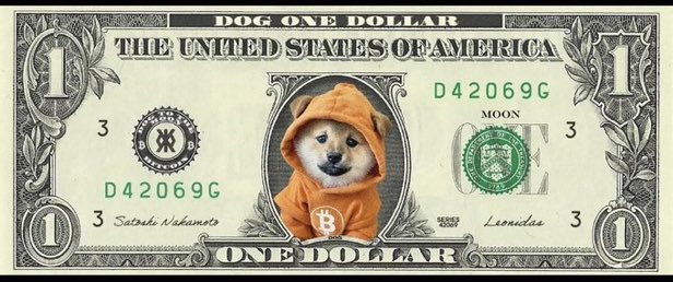 A 'DOG ONE DOLLAR' bill styled like US currency features a Shiba Inu dog wearing an orange Bitcoin hoodie, with 'Satoshi Nakamoto' and 'Leonidas' signatures.