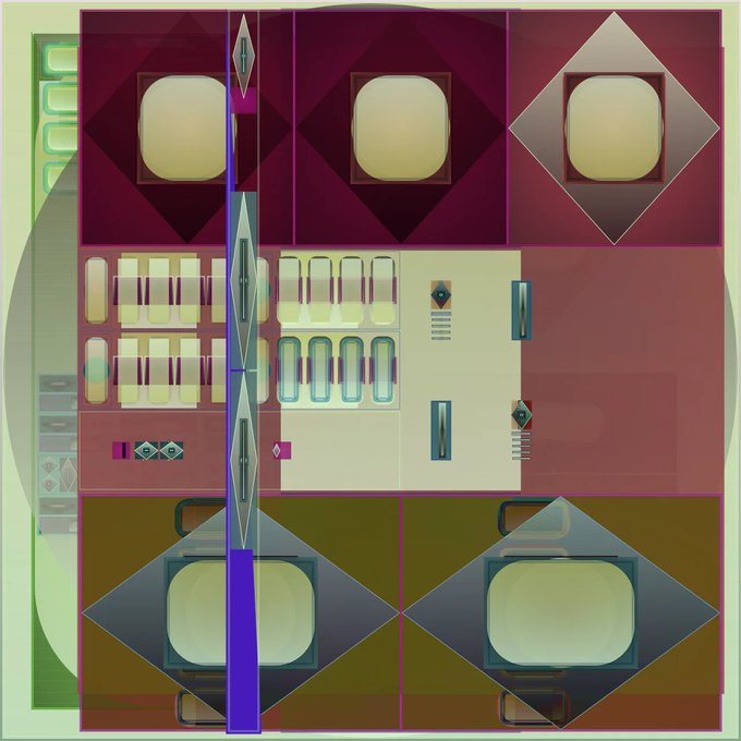 A symmetrical abstract digital artwork featuring geometric shapes, squares, and circular patterns in shades of maroon, green, and blue.