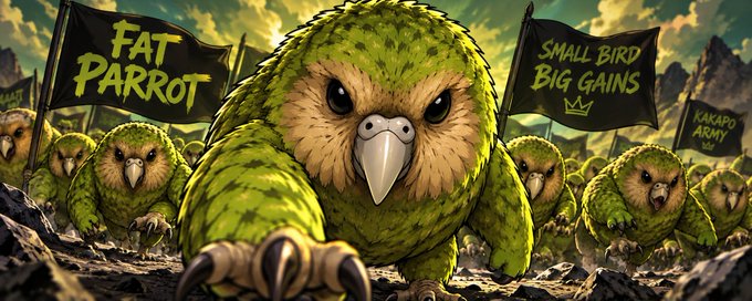 An AI-generated illustration of a kākāpō parrot army marching forward, with banners reading 'FAT PARROT', 'SMALL BIRD BIG GAINS', and 'KAKAPO ARMY'.