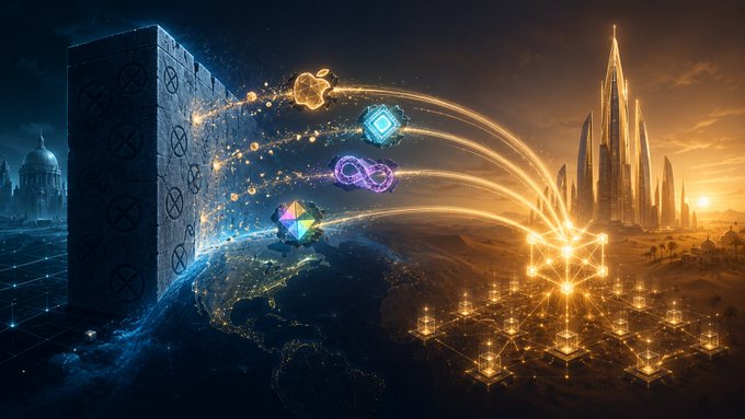 A futuristic digital artwork depicting glowing crypto-themed icons (an infinity symbol, diamond, etc.) traveling from a stone wall on the left across a world map toward a glowing futuristic city on the right.