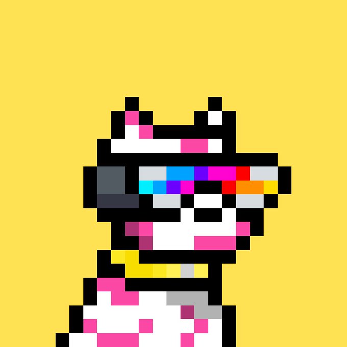 A pixel art illustration of a white dog wearing colorful sunglasses and a pink polka-dot outfit, set against a bright yellow background. The image visually represents the "Doginal Dog" meme referenced in the post, symbolizing resilience and uniqueness in a market where others have given up.