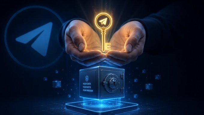 A digital illustration showing hands holding a glowing key with the Telegram logo above a digital safe, with text reading 'YOUR DATA, YOUR KEYS, YOUR FREEDOM' on the safe.