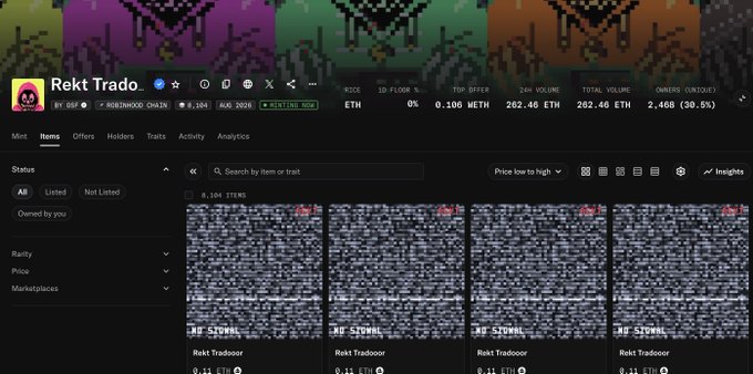 A screenshot of the OpenSea NFT marketplace showing the "Rekt Tradeor" collection page, displaying 8,104 items at a floor price of 0.10 ETH and a total volume of 262.46 ETH. The image relates to the post by highlighting the successful mint of the Rektguy collection at 0.02 ETH, now valued at 0.10 ETH on the secondary market.