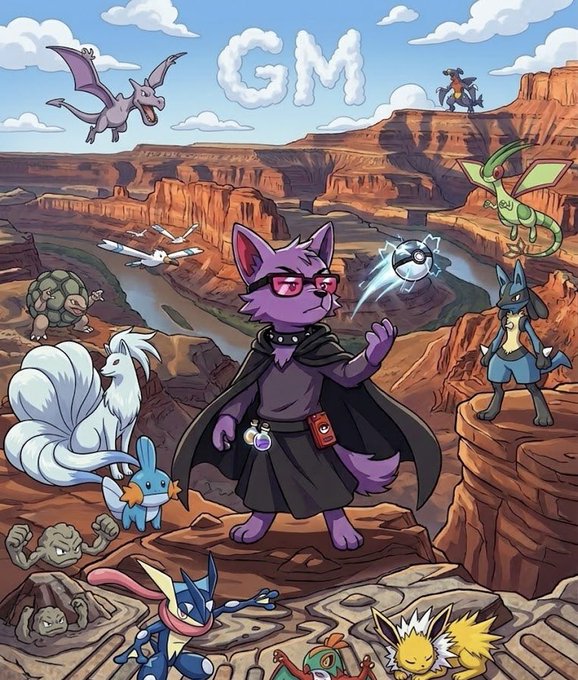 A cartoon illustration features a purple cat character with glasses and a cape surrounded by various Pokémon-like creatures in a canyon setting, with 'GM' spelled out in cloud-shaped letters in the sky.