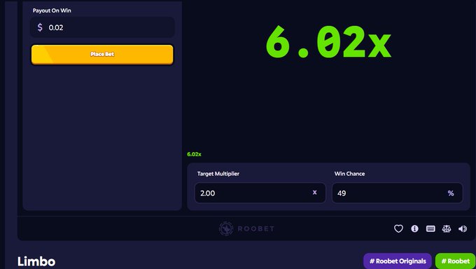 A screenshot of the Roobet Limbo game displays a current multiplier of 6.02x, with a "Payout On Win" of $0.02 and a "Place Bet" button visible. The betting panel shows a Target Multiplier set at 2.00x with a 49% Win Chance, illustrating the typical interface where players can adjust their strategy between rounds.