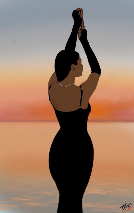 A digital illustration titled "Elegance at Dusk" depicts a woman in a long black evening gown and gloves with her arms raised overhead, silhouetted against a warm sunset over calm water. A signature reading "TLas" appears in the bottom right corner, matching the artwork shared for "Tezos Tuesday."